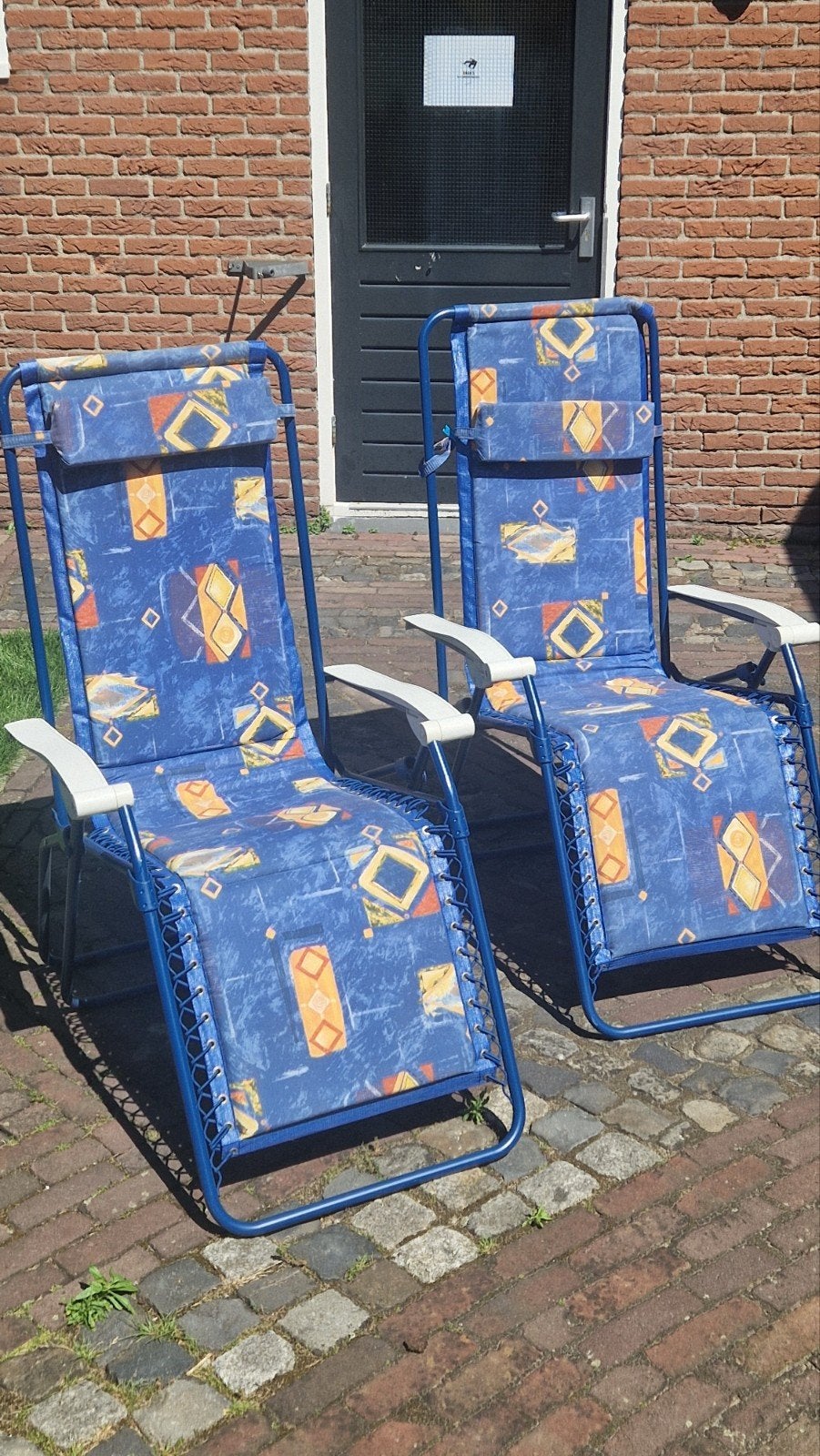 2x Lafuma Verstelbare Ligstoelen - Blauw met Patroon, Ophalen, Gebruikt, Metaal, Verstelbaar