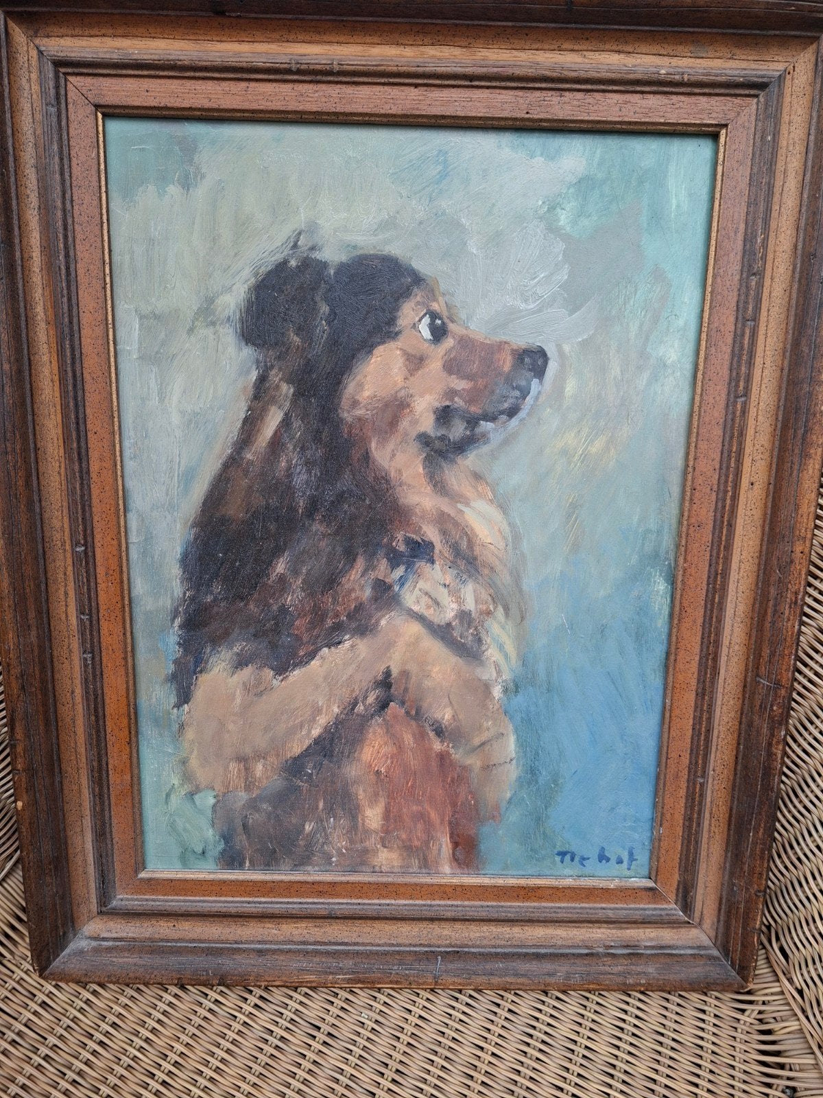 Schilderij op board hond houten lijst 41x50, Antiek en Kunst, Ophalen