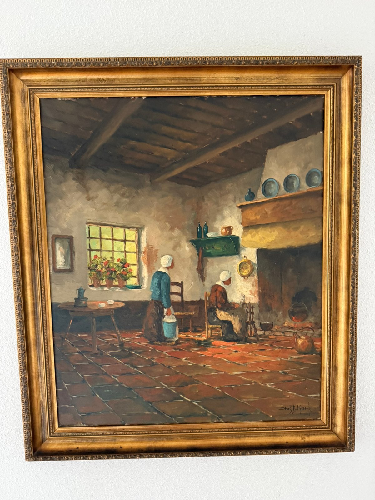 Origineel olieverfschilderij – Hollands interieur ingelijst, Antiek en Kunst, Kunst | Schilderijen | Klassiek, Ophalen, Gesigneerd