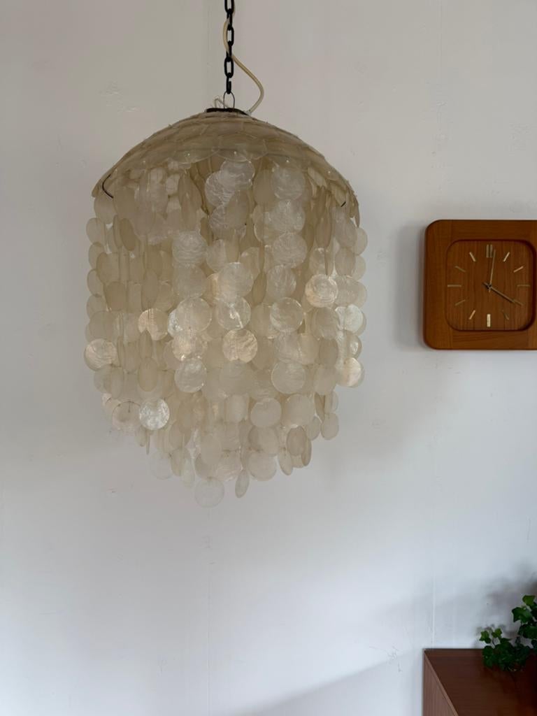 Vintage XL capiz parelmoer schelpen hanglamp ‘70, Ophalen of Verzenden, Zo goed als nieuw, Metaal, Vintage retro buisframe design rotan webbing papercord deens