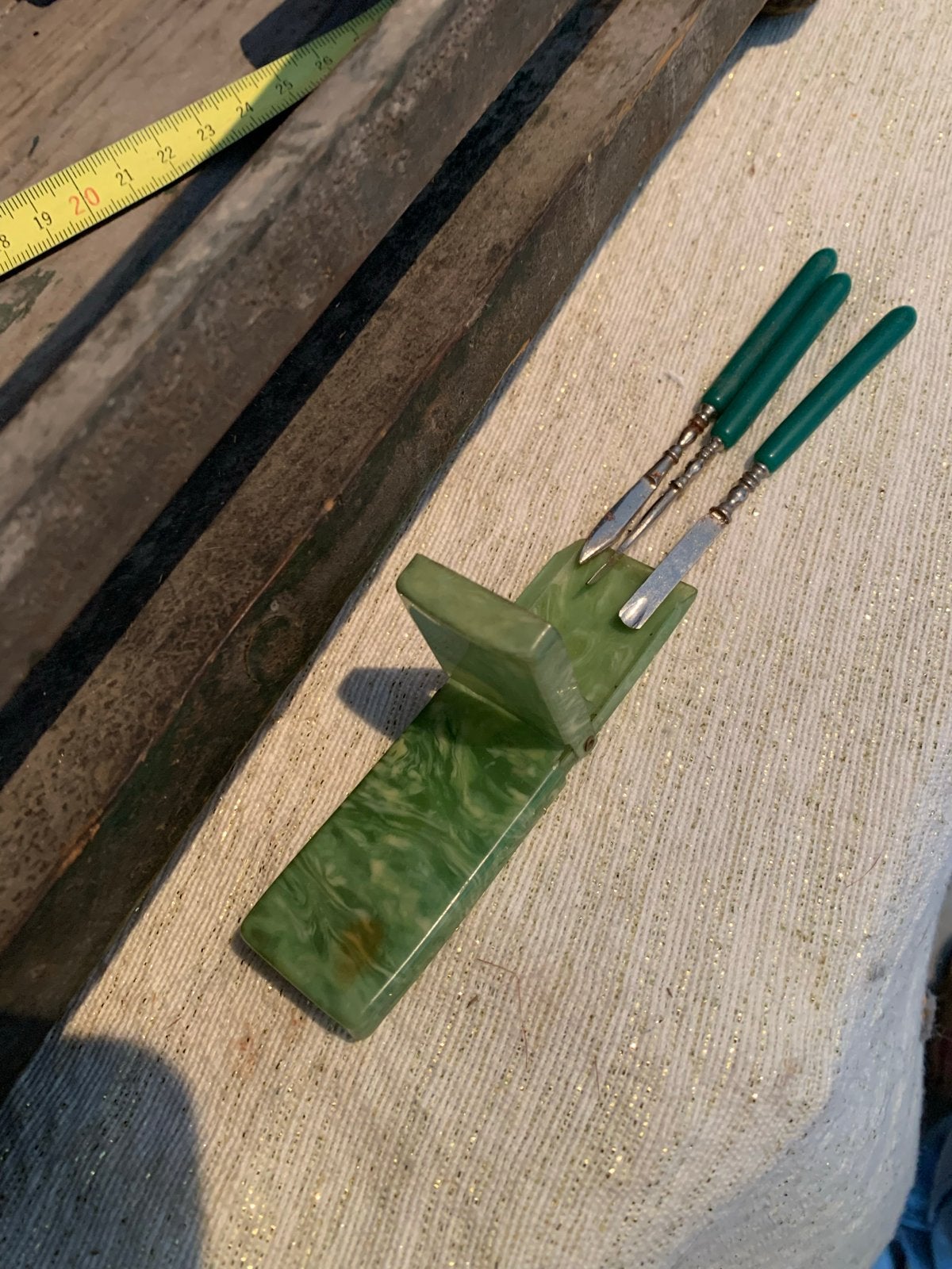 Art Deco Celluloid Nagelsetje in Groen Marmerlook, Antiek en Kunst, Curiosa en Brocante, Ophalen of Verzenden