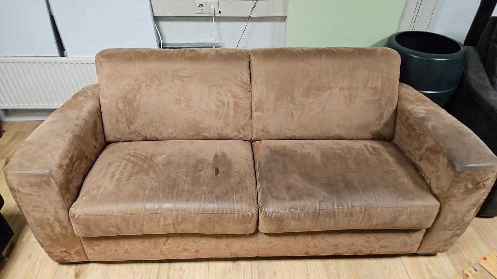 TEAB Bankstel, tweezits, bruin leer of nepleer bruin 200x90, Ophalen, Gebruikt, 150 tot 200 cm, Tweepersoons