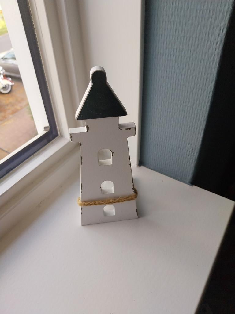 Mooie vuurtoren kaarthouder met kaarsje, Gebruikt, Zwart, Ophalen of Verzenden, Kandelaar