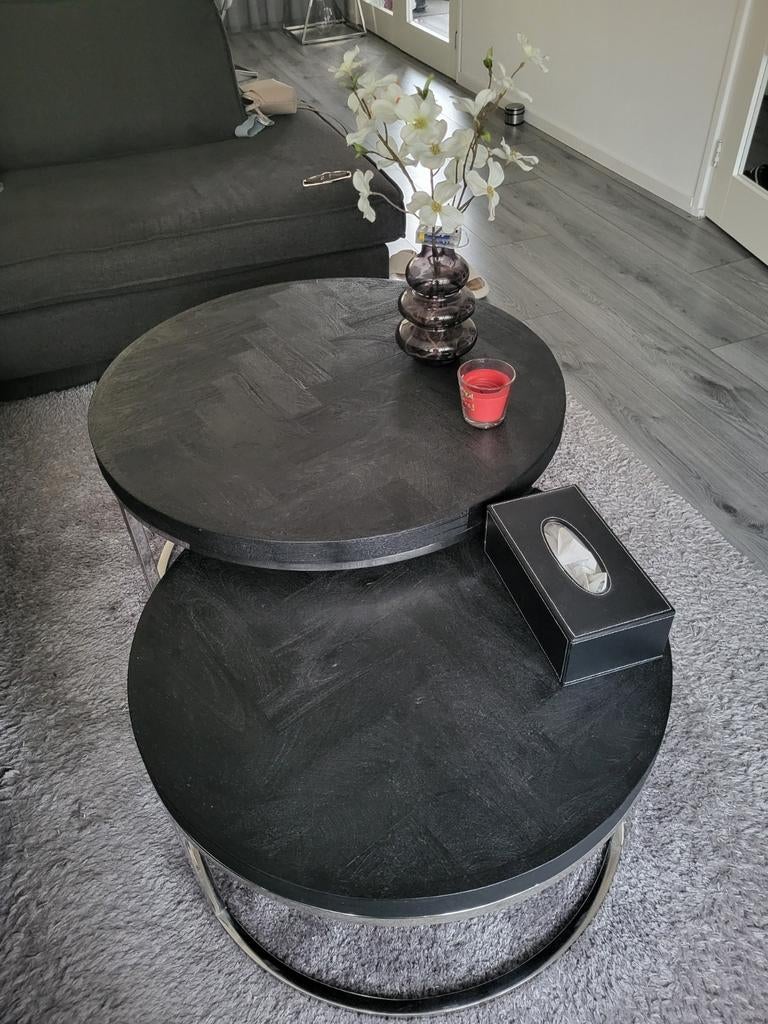 Set van 2 ronde salontafels - Zwart met chromen onderstel, Ophalen, Gebruikt, Overige materialen, Rond
