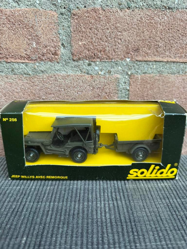 1:43 Solido Jeep willy’s + aanhanger army/leger, Ophalen of Verzenden, Zo goed als nieuw, Auto, Solido