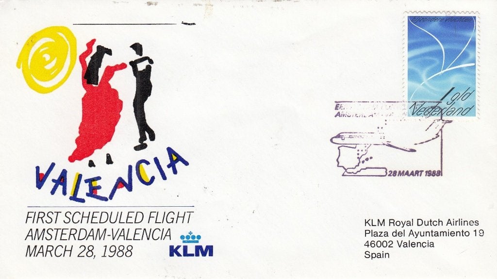 Envelop - 1988 - 1e Vlucht - Amsterdam - Valencia (Spanje), Verzenden, Na 1940, Gestempeld