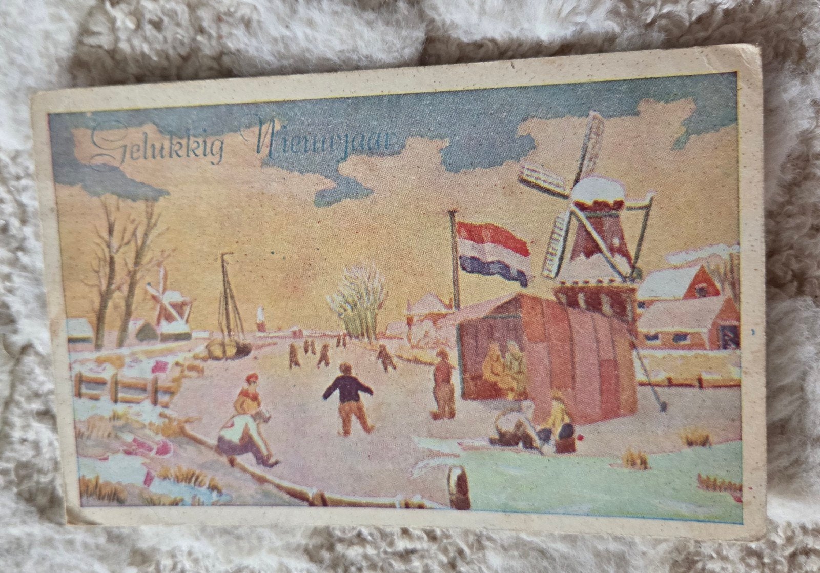 Gelukkig Nieuwjaar, schaatsen en molen, Verzenden, Voor 1920, Gelopen, Feest(dag)