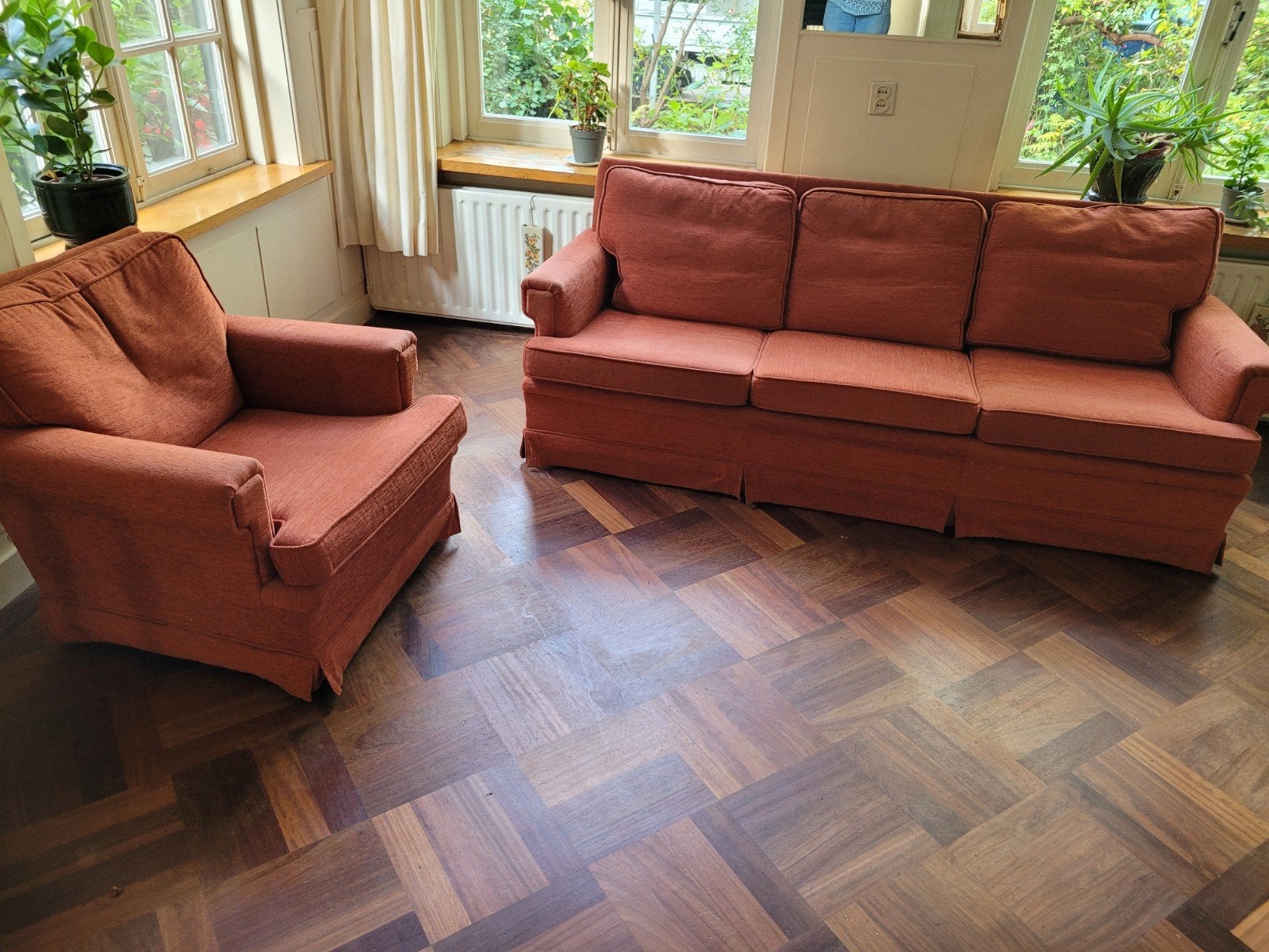 Bank fauteuil, ca.190 cm breed en 80 cm breed oranje terra, Huis en Inrichting, Ophalen, Gebruikt, 150 tot 200 cm, Driepersoons