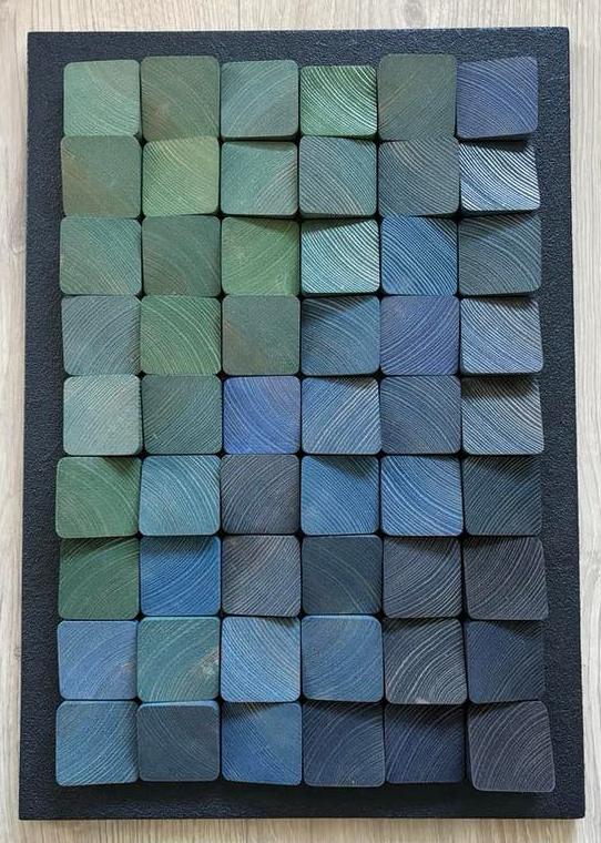 Uniek Houten Mozaïek Wanddecoratie Kunstwerk - Blauw/Groen, Ophalen of Verzenden
