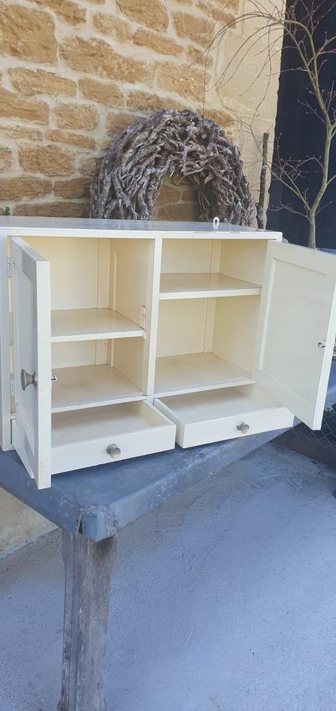 Franse vintage houten hang keukenkastje met lades, Huis en Inrichting, Kasten | Overige, Ophalen of Verzenden, Gebruikt