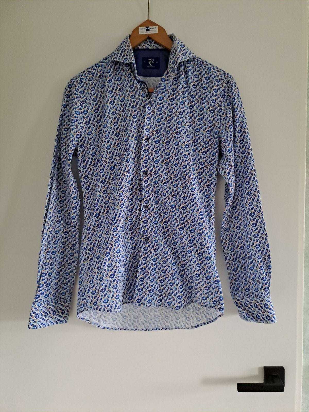 R2 Amsterdam heren overhemd met print, maat 37, Blauw, Halswijdte 38 (S) of kleiner, Ophalen of Verzenden, Zo goed als nieuw