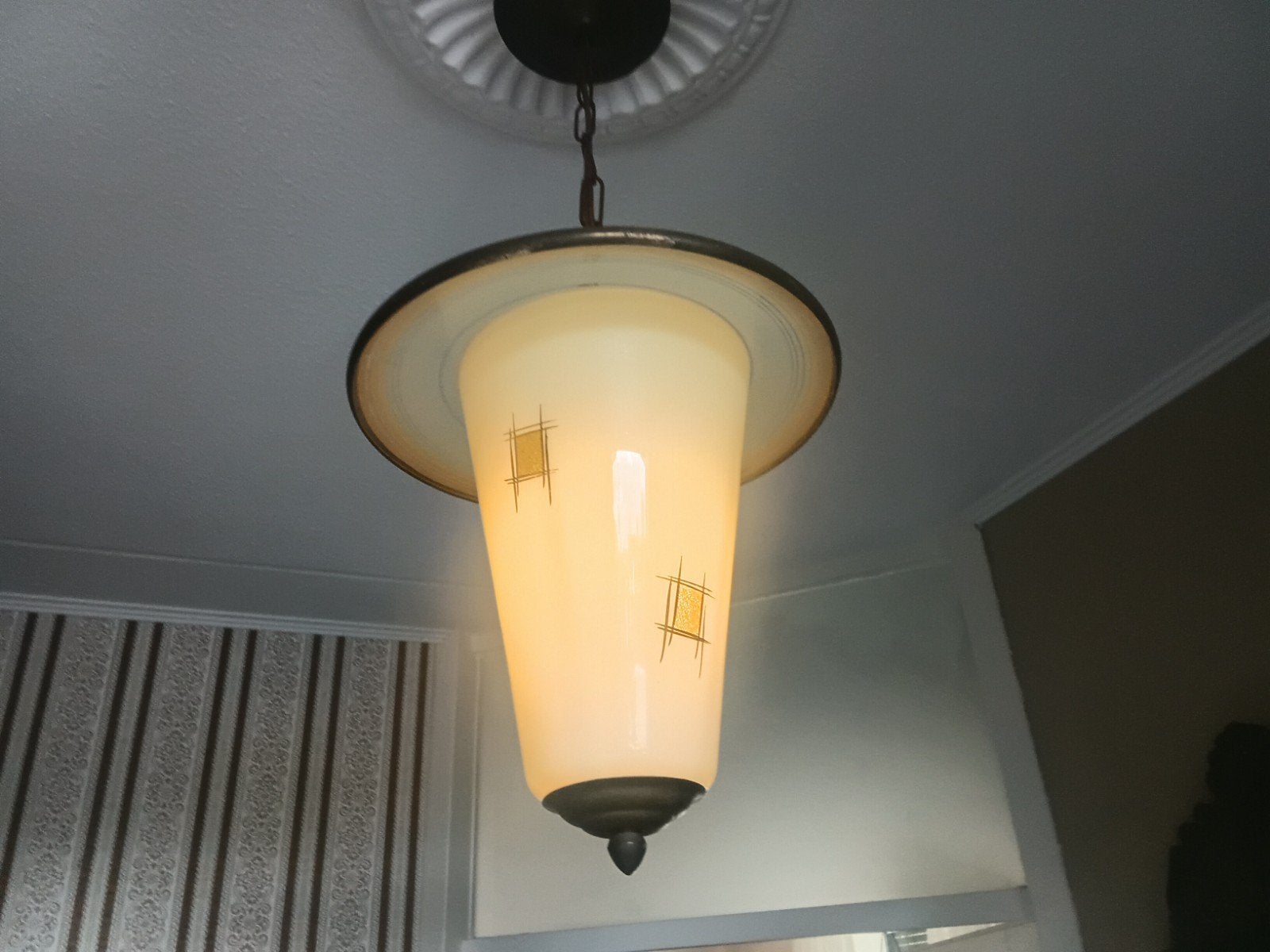 Vintage Art Deco Hanglamp - Melkglas met Geometrische Patron, Ophalen of Verzenden