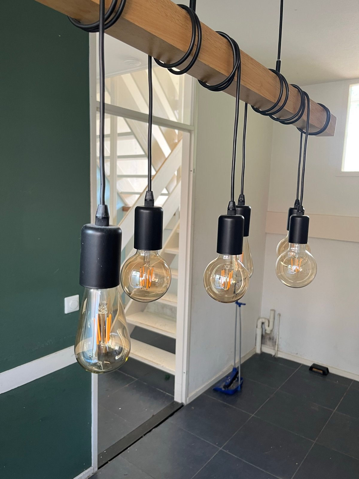 Houten balk hanglamp met 6 Edison LED lampen, Ophalen, Zo goed als nieuw, Hout, 75 cm of meer