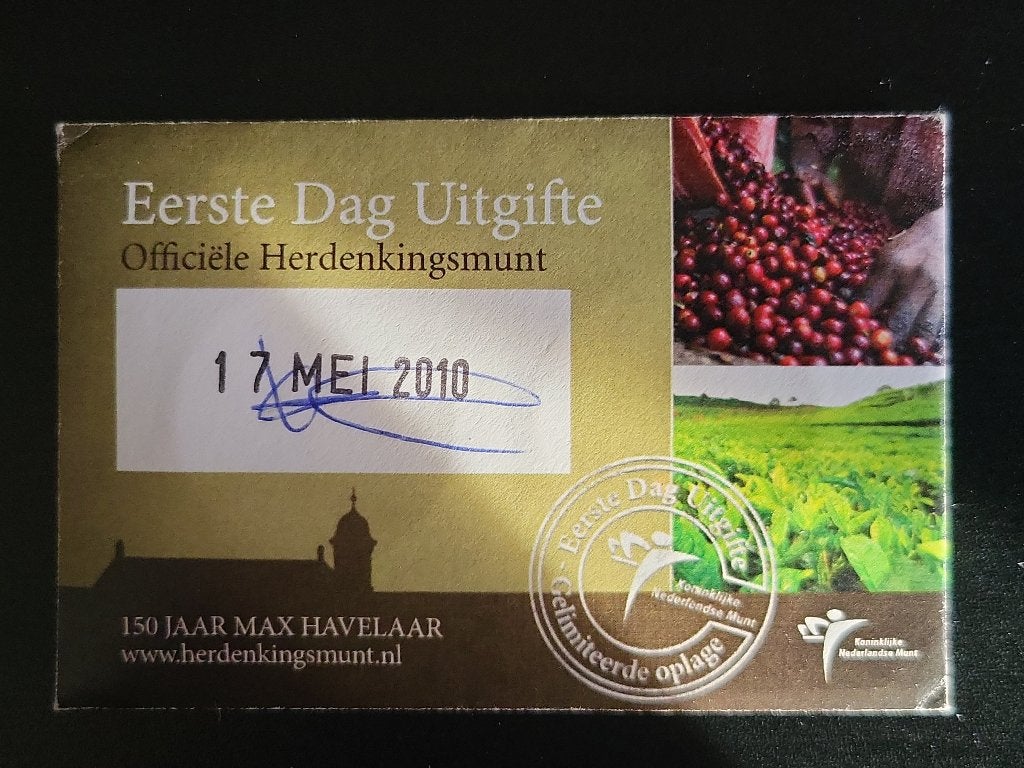 Max Havelaar Vijfje 1ste dag uitgifte zilver Nederland 2010, Ophalen of Verzenden, Overige landen, 5 euro, Zilver