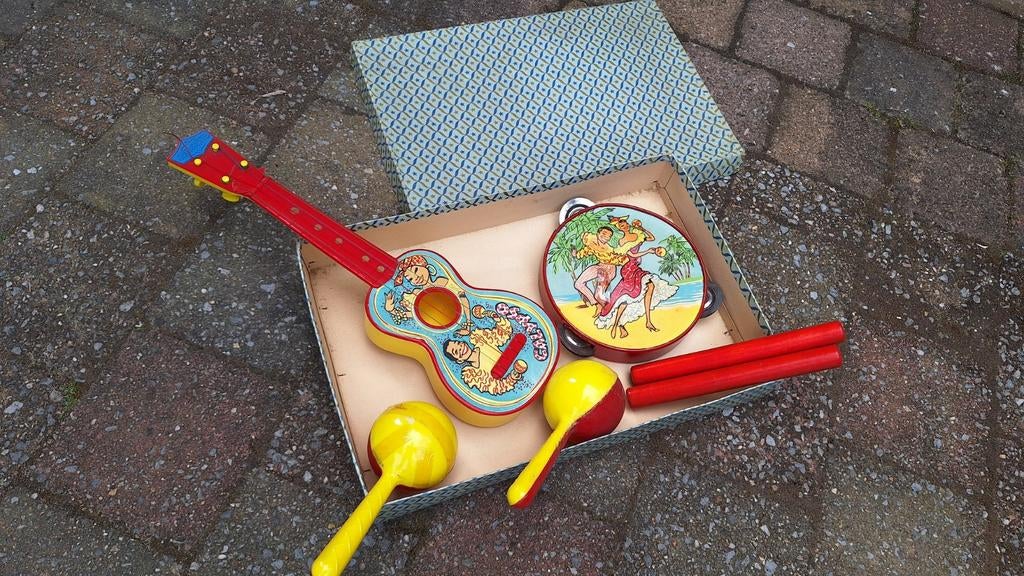 Oude speelgoed instrumenten in doos, fa. Selcol, Ophalen of Verzenden