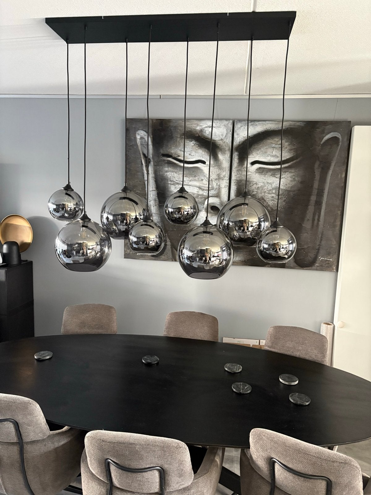 Moderne hanglamp Qazqa met 8 glazen bollen, Ophalen, Zo goed als nieuw, Glas, Overige fittingen