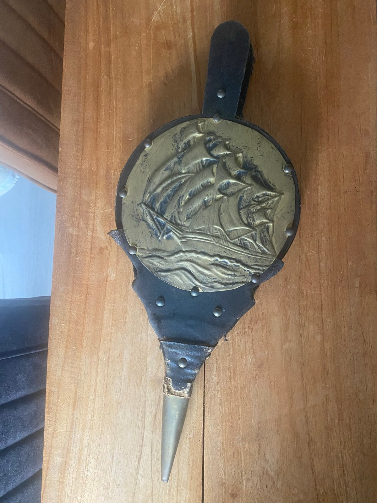 Antieke blaasbalg met scheepsdecoratie, Antiek en Kunst, Ophalen of Verzenden