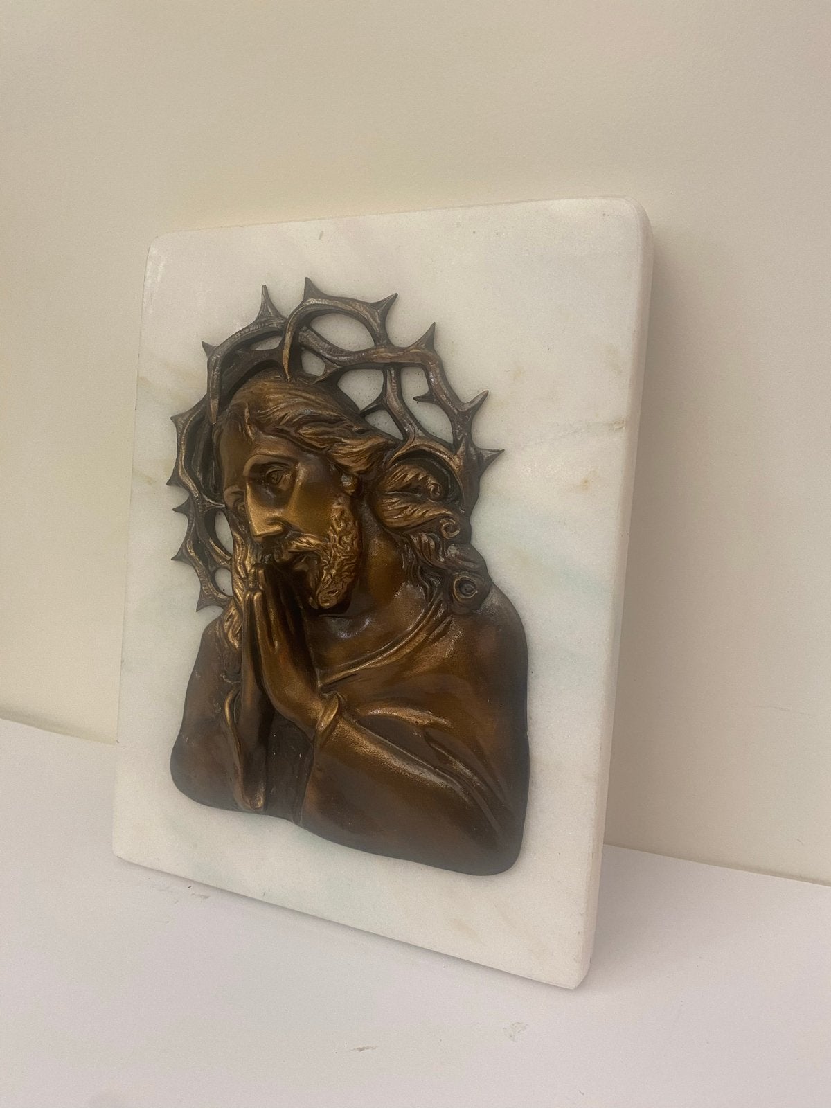 Bronzen Jezus Christus reliëf op marmeren plaat, Antiek en Kunst, Ophalen of Verzenden