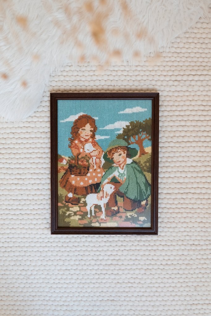 Vintage borduurwerk ingelijst schilderij lammetjes, Ophalen of Verzenden