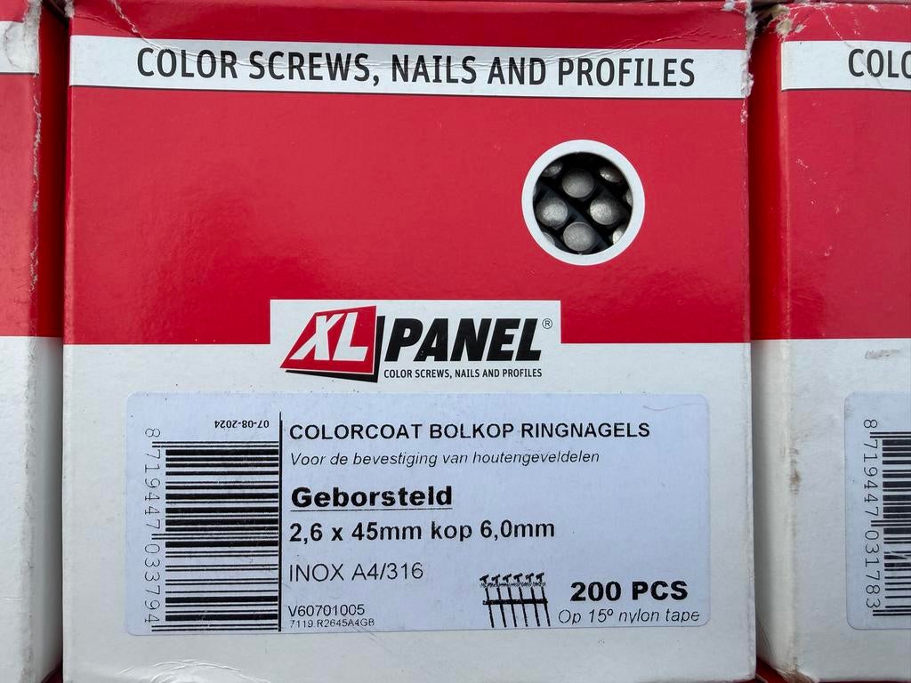 XL Panel Colorcoat RVS Bolkop Ringnagels 2.6x45mm 14 Stuks, Nieuw, Ophalen of Verzenden, Spijkers, Minder dan 50 mm