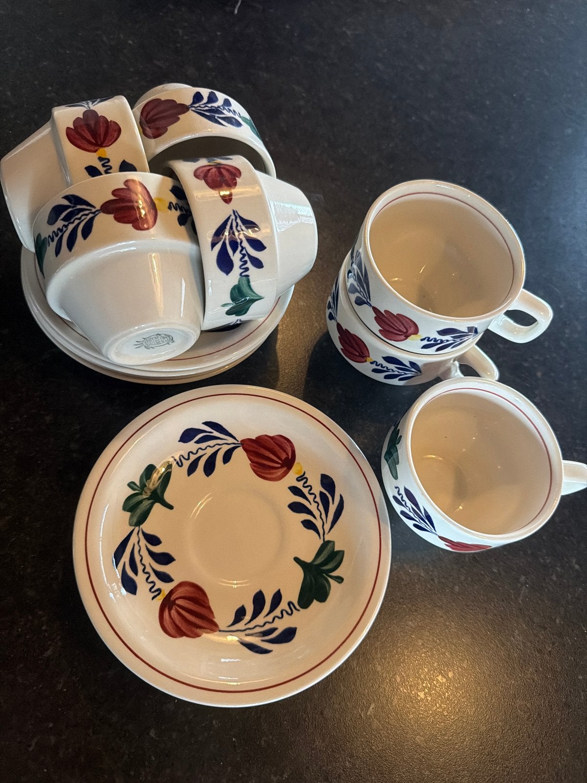 Boch Franse Boerenbont Koffie/Theekopjes met Schotels, Antiek en Kunst, Ophalen