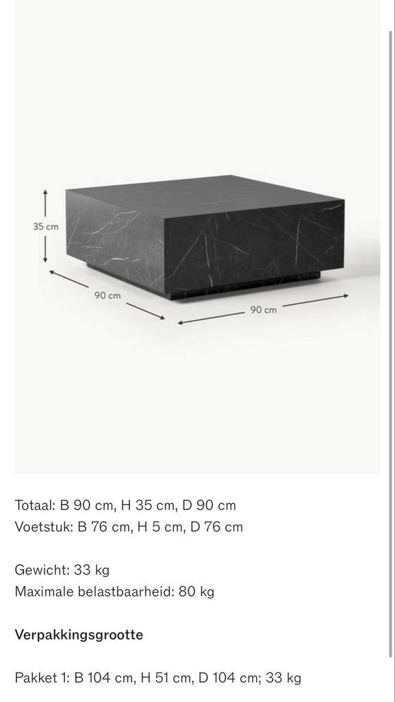 Westwing Salontafel Lesley Marmerlook Zwart, Ophalen, Overige materialen, Vierkant, 50 tot 100 cm