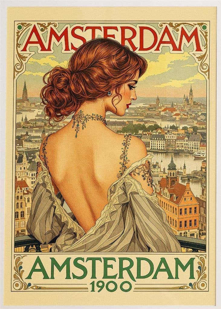 AMSTERDAM 1900 Vintage Poster affiche Alphonse Mucha, Antiek en Kunst, Verzenden