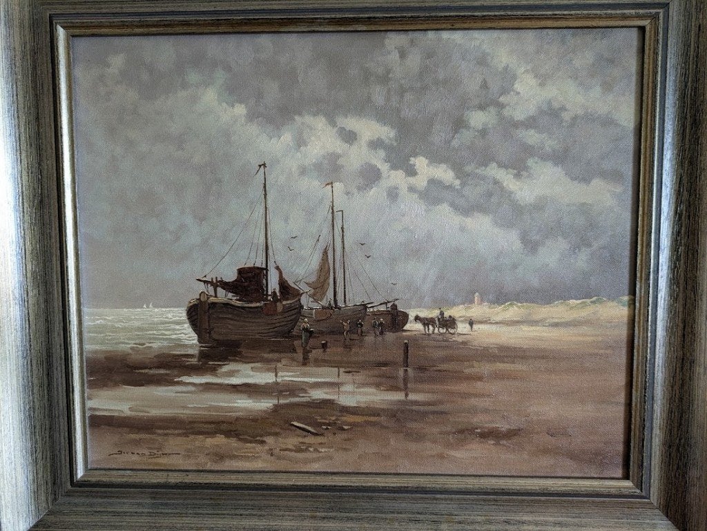 Boot op het strand van Jos van Dijk, Antiek en Kunst, Ophalen, Maritiem / water, Doek, Oud hollands