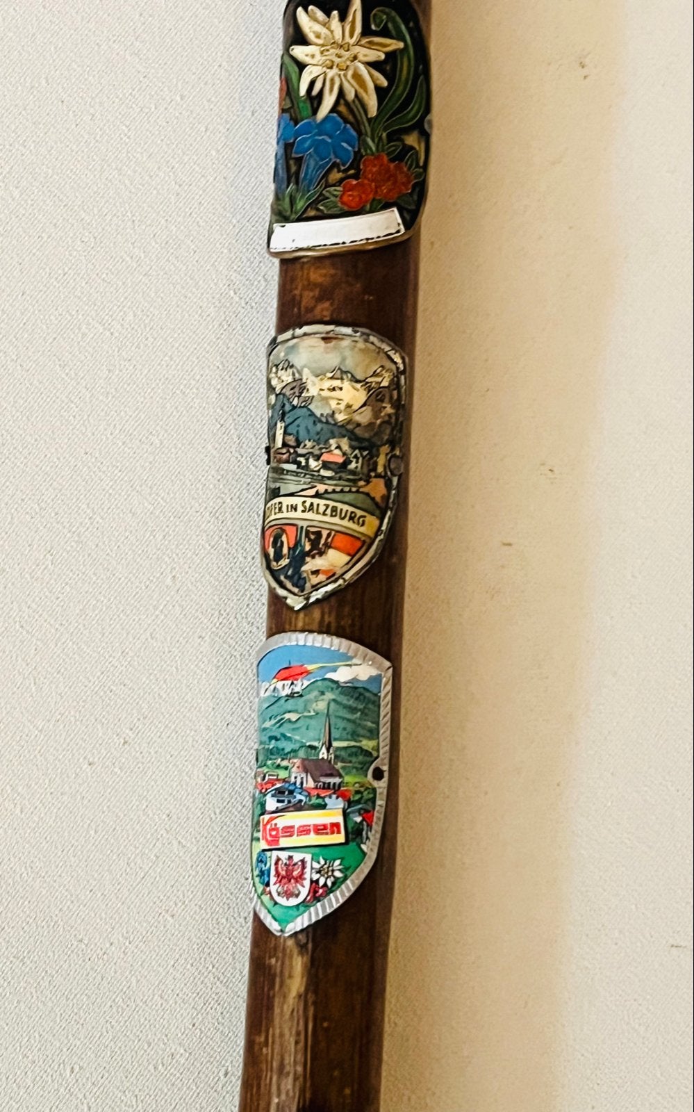 Antieke 1930//1950 Wandelstok bergsport 11 Badges, Sport en Fitness, Ophalen of Verzenden, Zo goed als nieuw