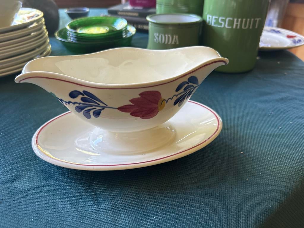 Boerenbont. Antieke juskom met schotel, handgeschilderd, Ophalen of Verzenden