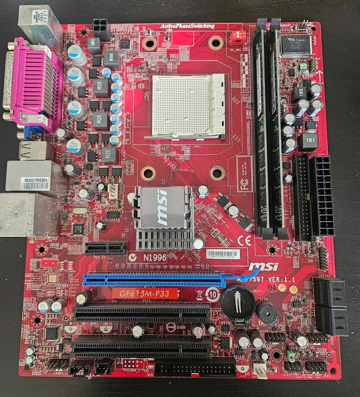 MSI GF615M-P33 MS-7597 Rev. 1.1 + 8GB DDR3 RAM – ongetest, Computers en Software, Ophalen of Verzenden, DDR3, Socket AM3