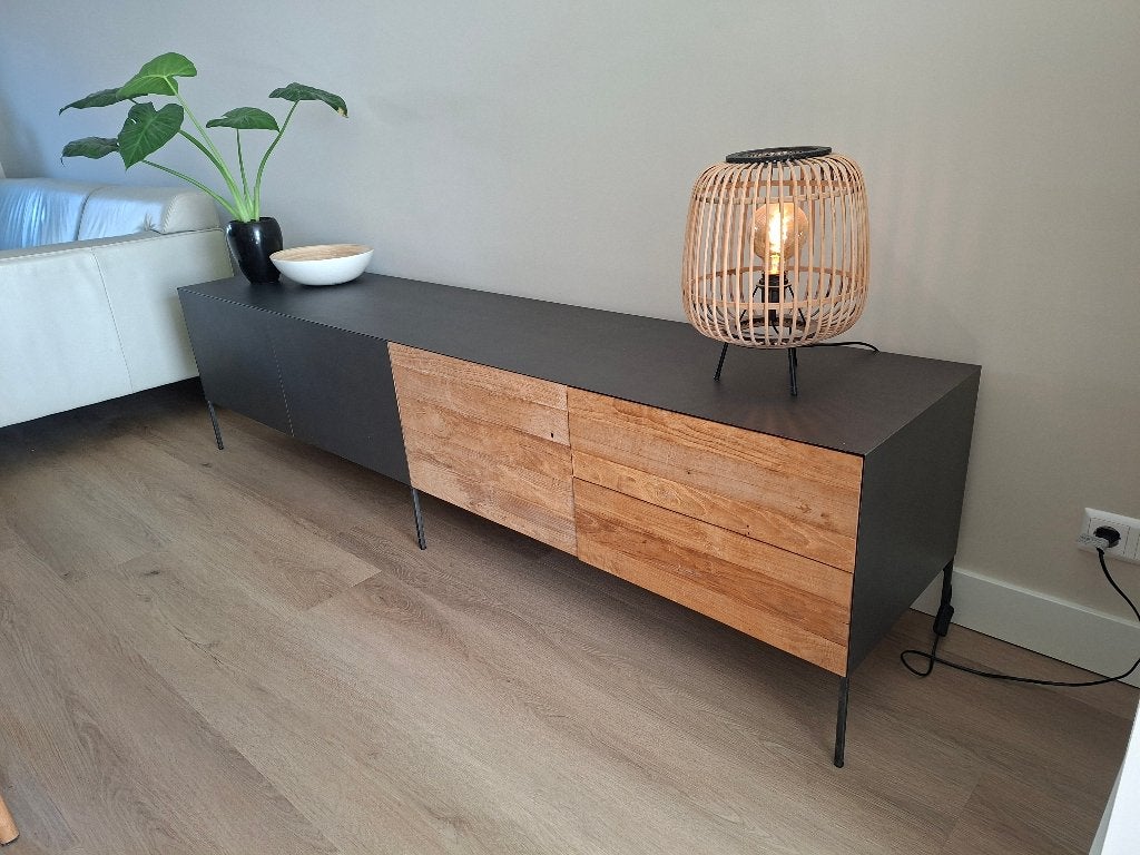 Industrieel TV-Meubel 220 cm | Recycled Teak & Staal, Ophalen, Teakhout, Zo goed als nieuw, 200 cm of meer