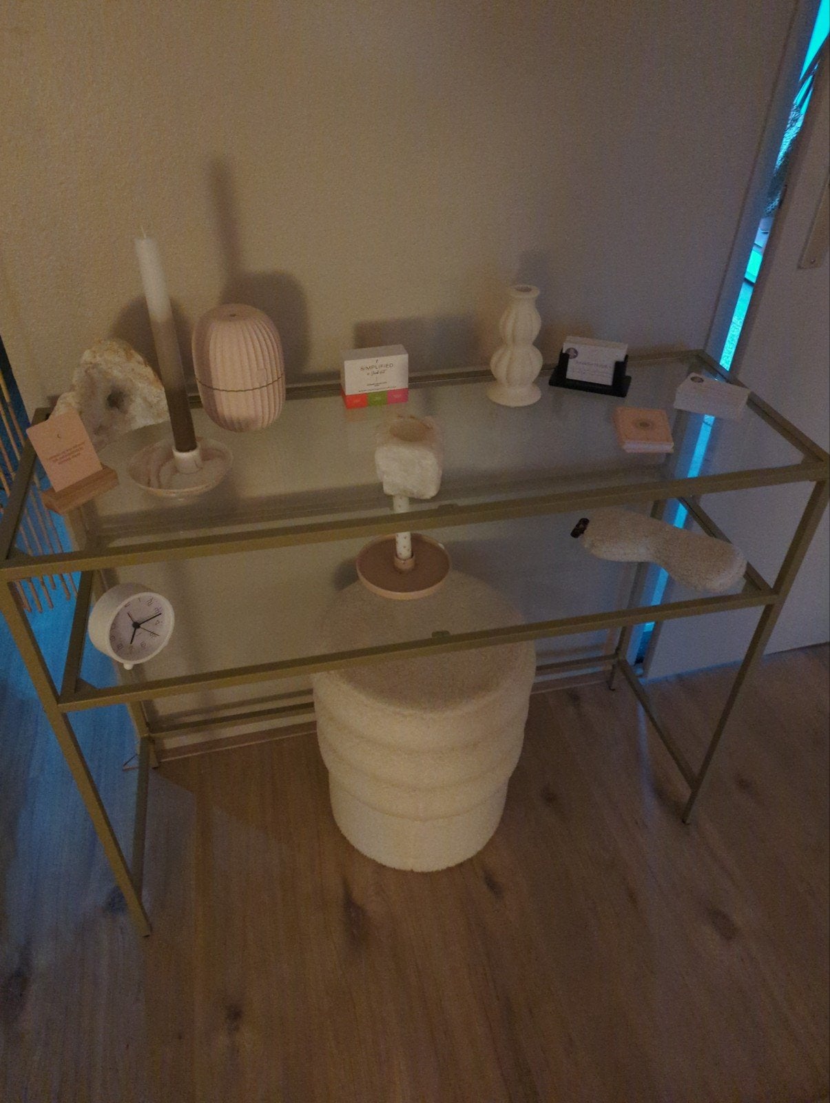 Glazen console tafel met gouden frame, Ophalen, Zo goed als nieuw