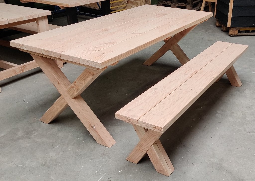 Tuinset - Eettafel en Bank met X-poten - Demo-model, Ophalen, 3 zitplaatsen, Zo goed als nieuw, Bank