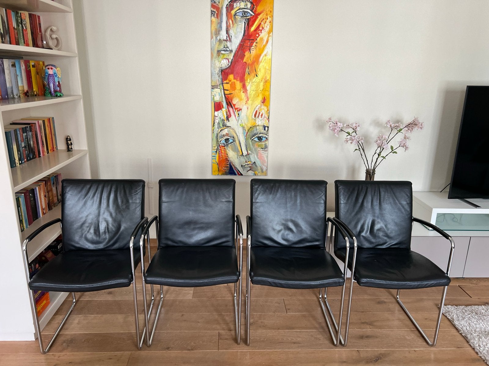 Leolux Talos stoelen - Zwart leer, set van 4, Huis en Inrichting, Ophalen, Gebruikt, Zwart, Leer