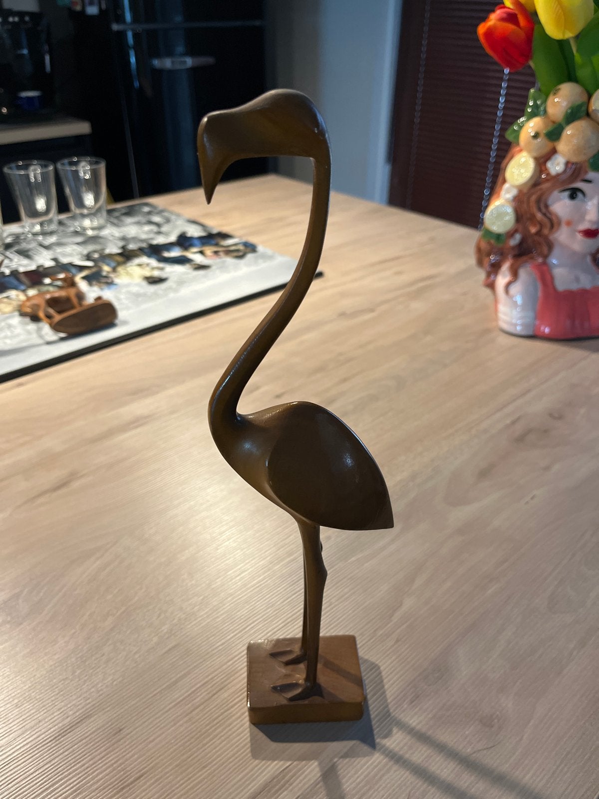 Vintage houten flamingo beeldje, Ophalen of Verzenden