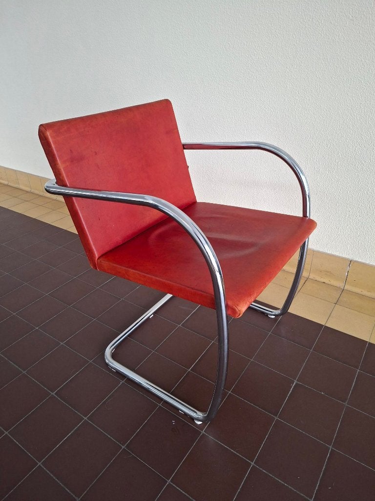 buisframe fauteuil Brno design Mies van der Rohe leer chroom, Ophalen, Gebruikt, Bauhaus, 75 tot 100 cm