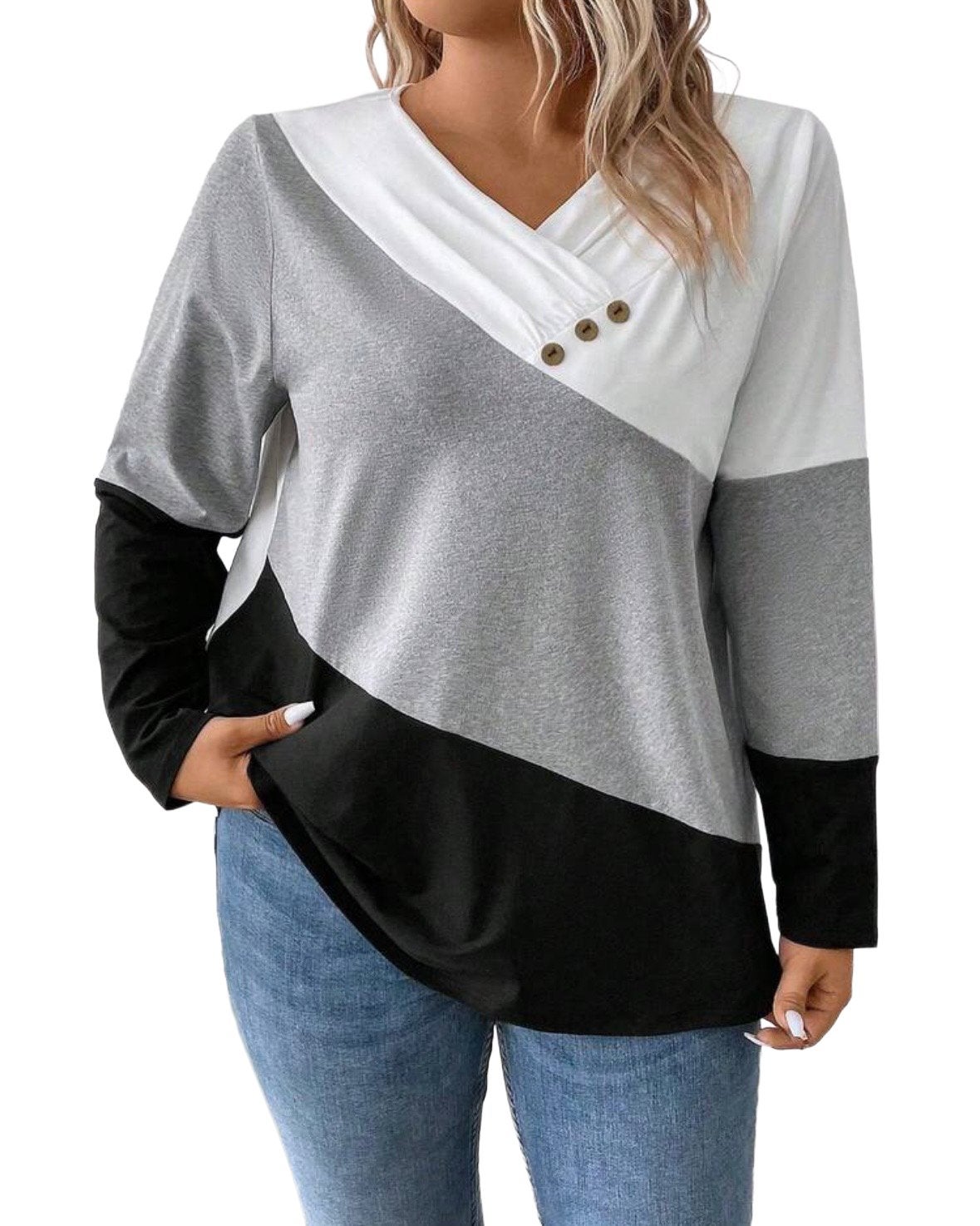 Dames Colorblock V-hals Lange Mouwen Top (44-54), Kleding | Dames, Grote Maten, Verzenden, Nieuw, Meerkleurig, Shirt of Top