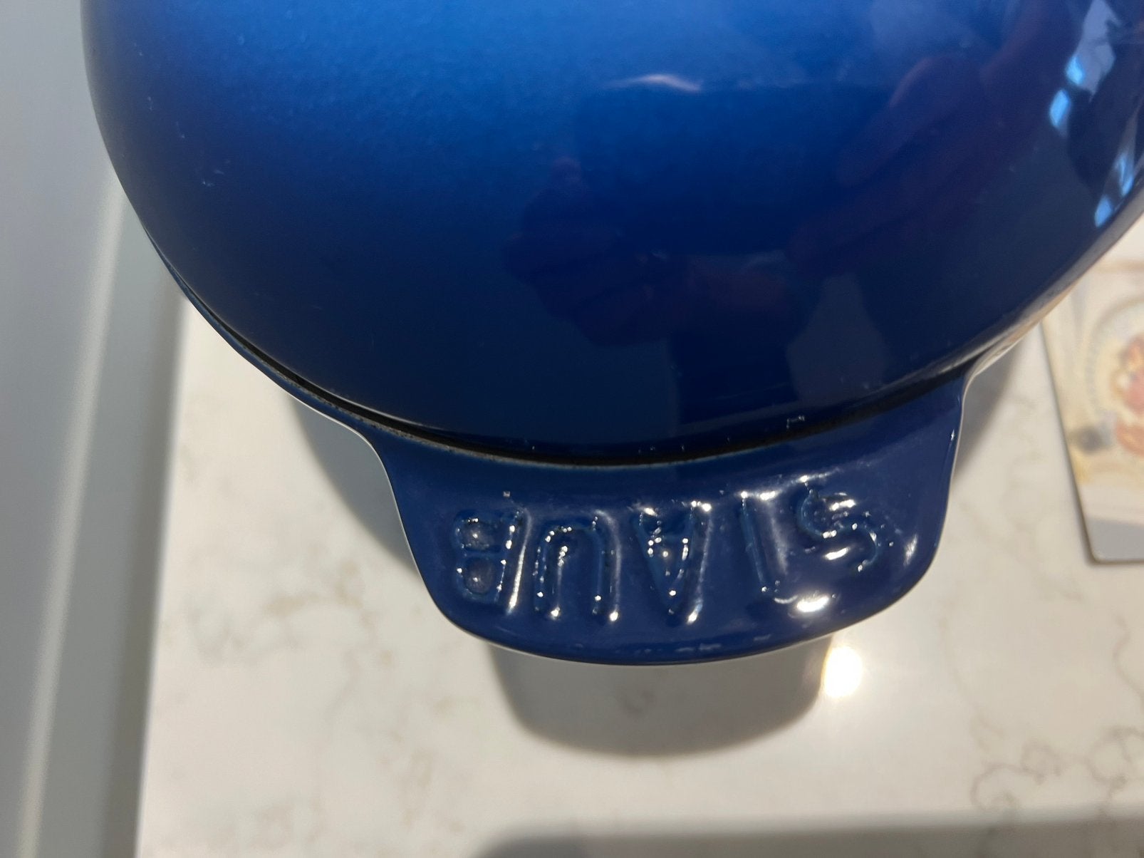 Staub mosselpan compleet Blauw 2 liter, Huis en Inrichting, Gebruikt, Gietijzer, Geschikt voor inductie, Ophalen of Verzenden