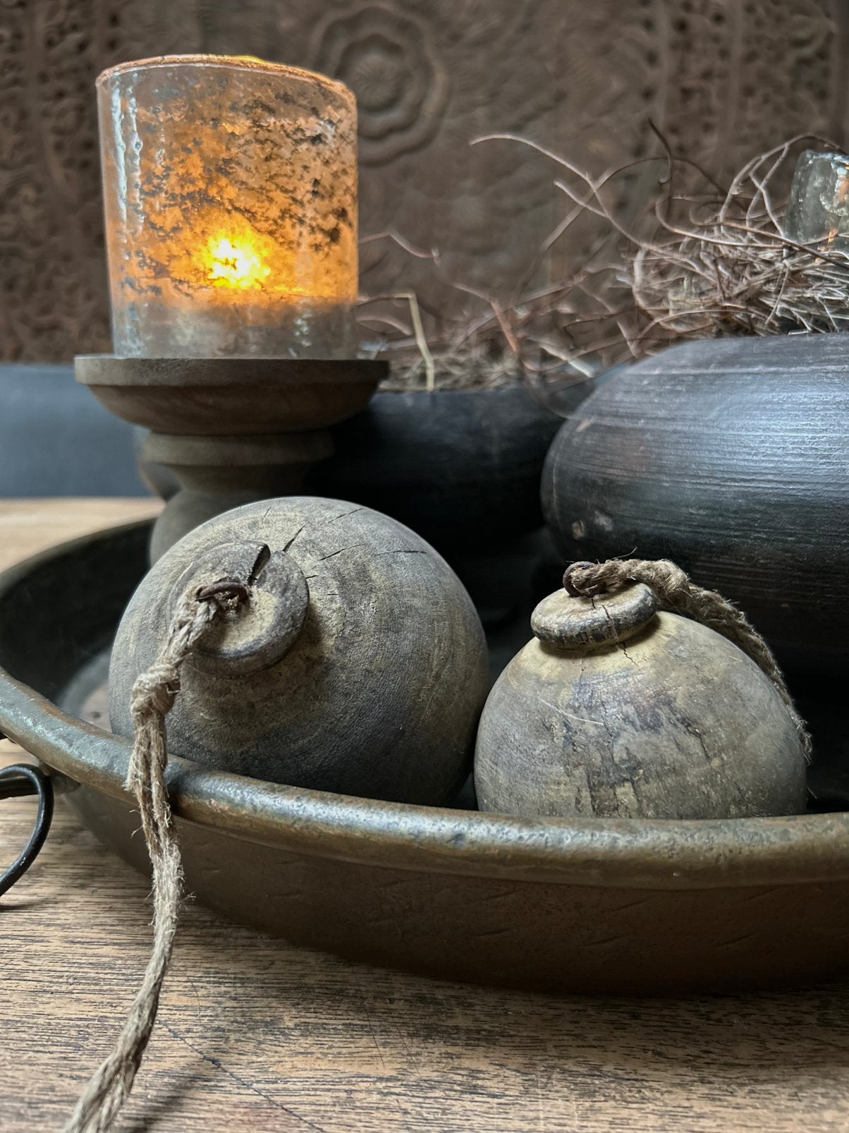 Set vergrijsde decoratie ballen sober sleets landelijk, Huis en Inrichting, Ophalen of Verzenden, Zo goed als nieuw