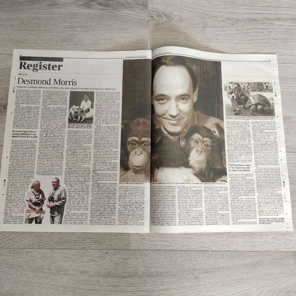Desmond Morris 2-pagina's krant The Times UK 21 april 2026, Verzenden, Zo goed als nieuw, Tv, Overige typen