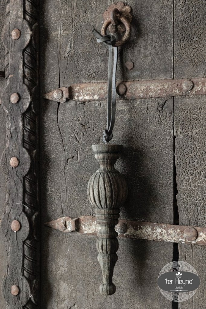Houten klos ornament hanger leren veter hang stoer sober, Verzenden, Nieuw, Hout, Landelijk
