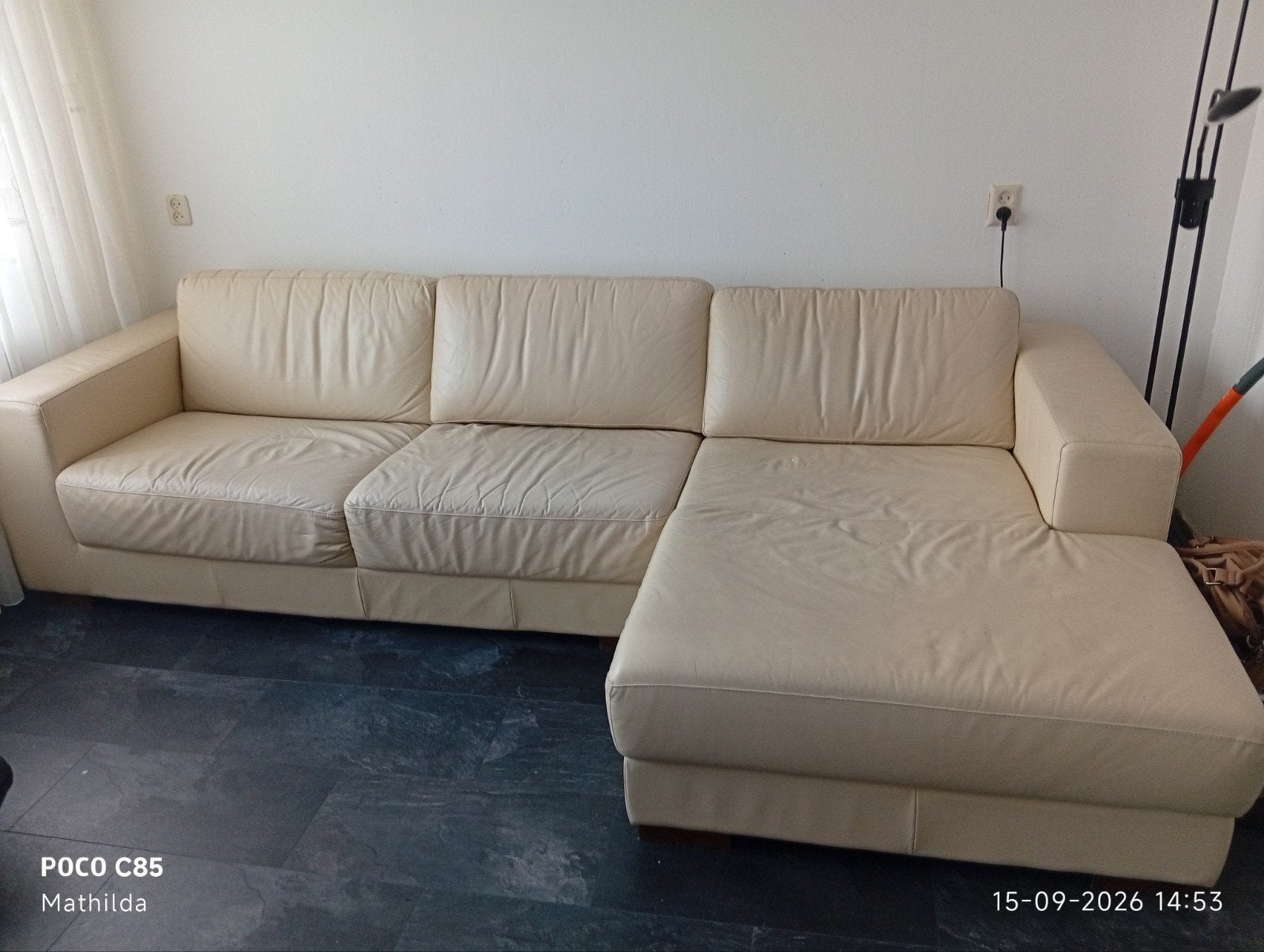 Gratis Crèmekleurige Leren Hoekbank, Ophalen, 250 tot 300 cm, Gebruikt, Hoekbank