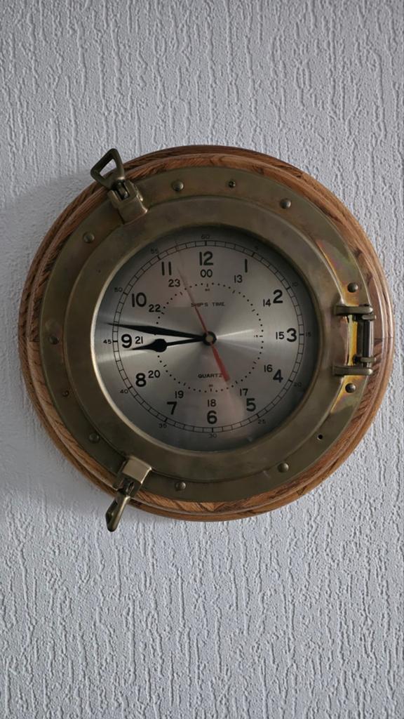 Nautische Porthole Klok - Messing en Hout, Ophalen