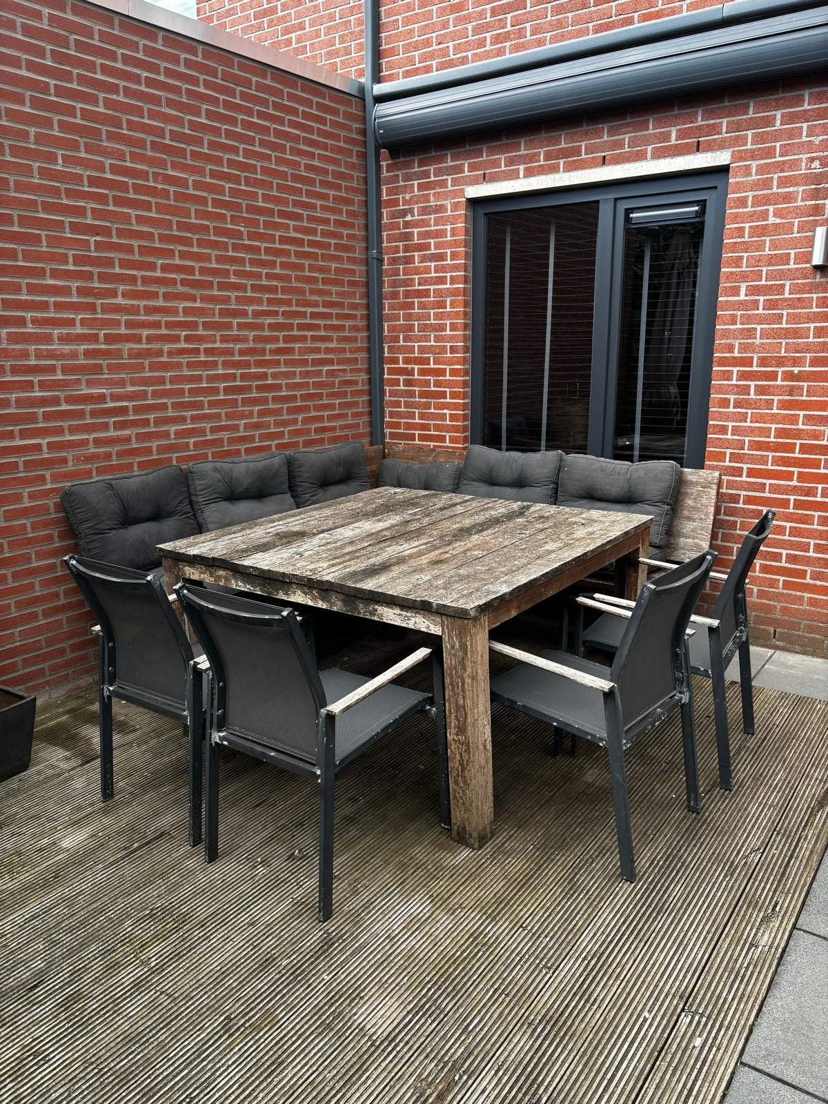 GRATIS grote houten tuinset 150x150 + hoekbank + stoelen, Tuin en Terras, Ophalen, Gebruikt, Bank, Tuinset
