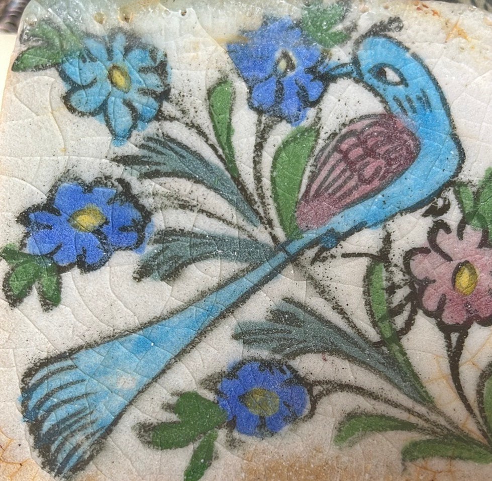 19e eeuw Iznik Qajar Tegel met Vogel en Bloemen, Ophalen of Verzenden