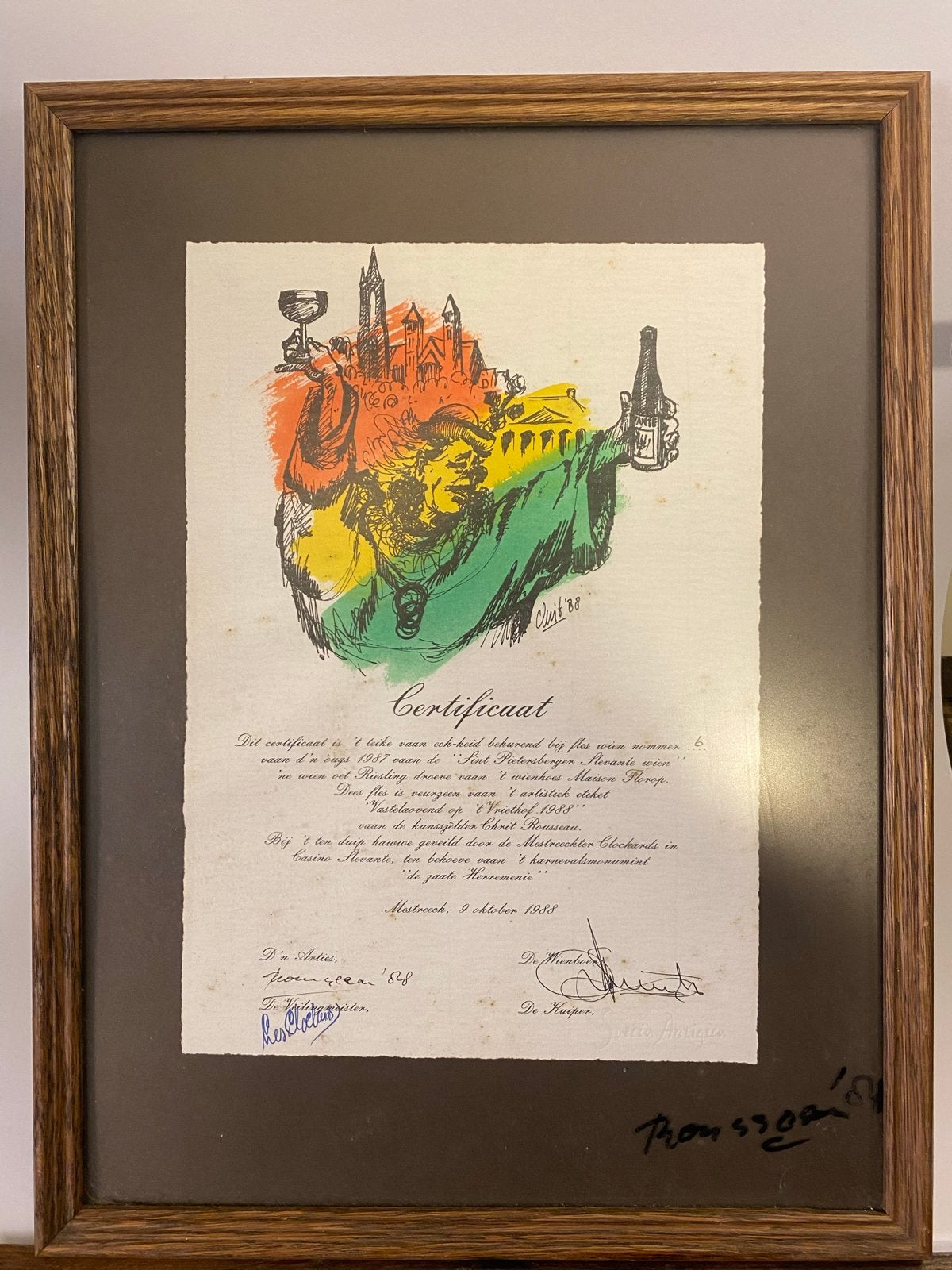 Certificaat Sint Pietersberger Slevante Wijn 1988 - Cluit '8, Ophalen of Verzenden, Print, Print/reproductie, Gesigneerd