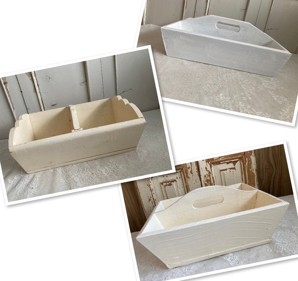 3x Brocante houten 2 vaks bak - gereedschaps- bestekbak, Hout, ---, Ophalen of Verzenden, ---