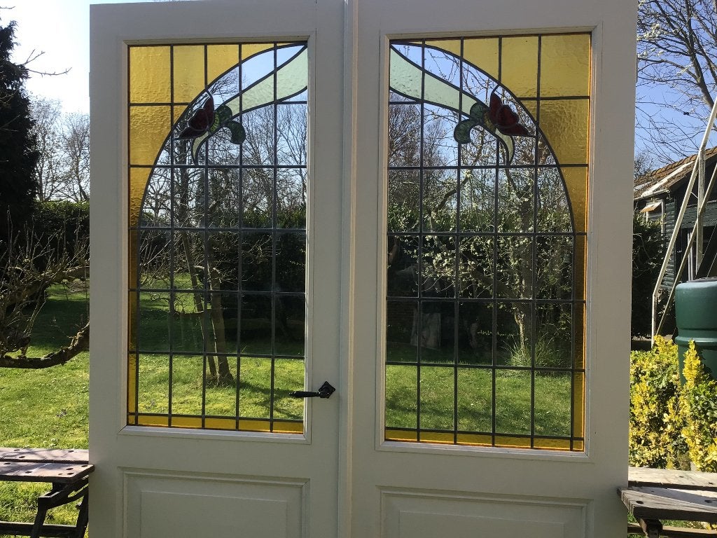 Antieke ensuite deuren / tussendeuren met glas in lood, Ophalen, 200 tot 215 cm, Glas, Buitendeur