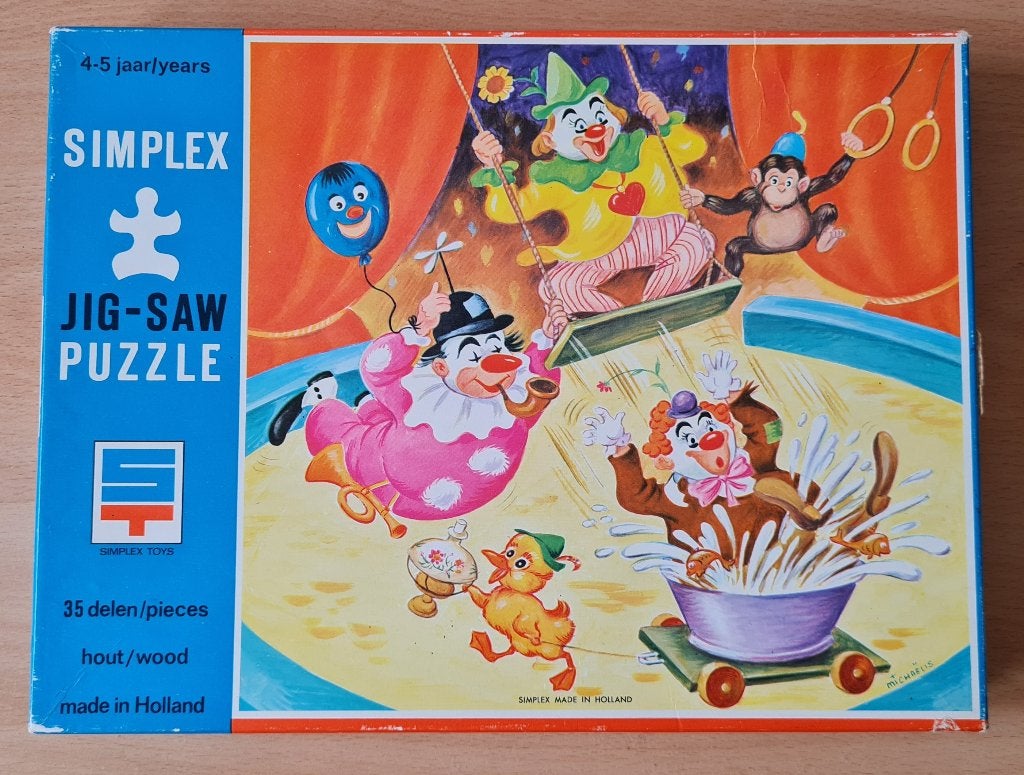 Houten Simplex Puzzel - Clowns - Michaëlis - vintage, Kinderen en Baby's, Speelgoed | Kinderpuzzels, 2 tot 4 jaar, Gebruikt, 10 tot 50 stukjes